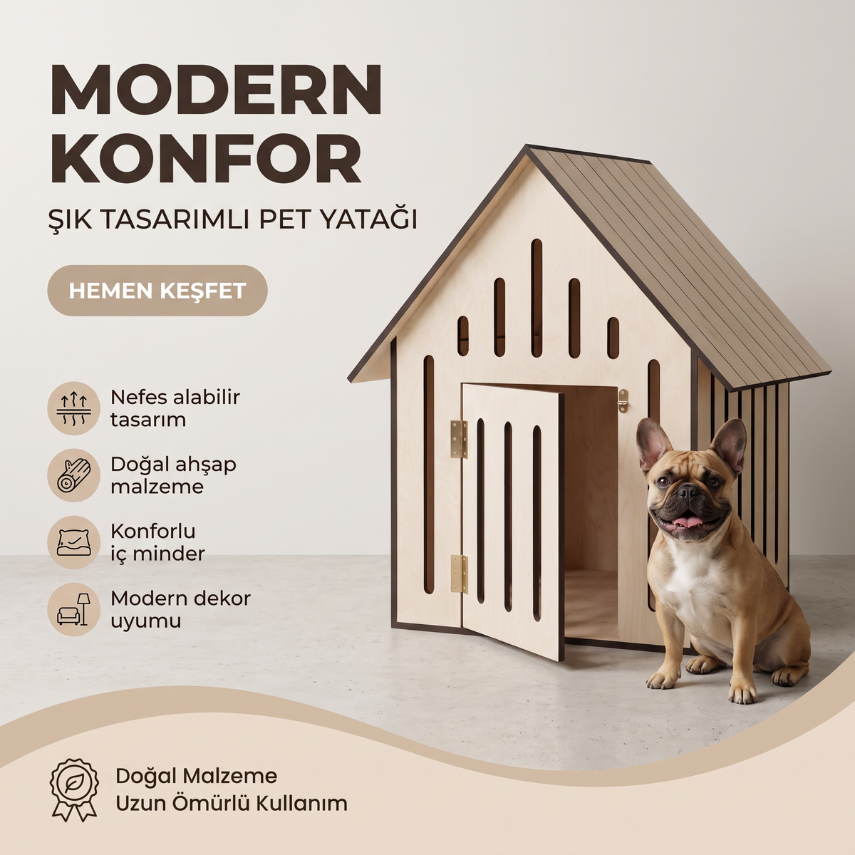 Yaşam alanlarına uyum sağlayan dekoratif ahşap köpek evi
