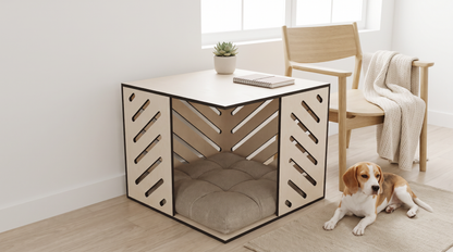 Modern Huş Kontrplak Kedi & Köpek Evi – Minderli, İç Mekan Pet Kulübesi, Minimal Ahşap Tasarım