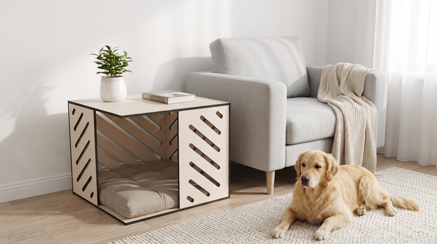 Modern Huş Kontrplak Kedi & Köpek Evi – Minderli, İç Mekan Pet Kulübesi, Minimal Ahşap Tasarım