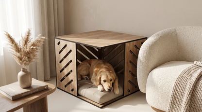 Modern Huş Kontrplak Kedi & Köpek Evi – Minderli, İç Mekan Pet Kulübesi, Minimal Ahşap Tasarım