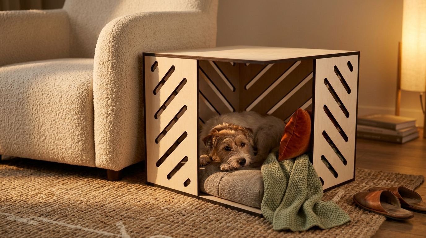 Modern Huş Kontrplak Kedi & Köpek Evi – Minderli, İç Mekan Pet Kulübesi, Minimal Ahşap Tasarım