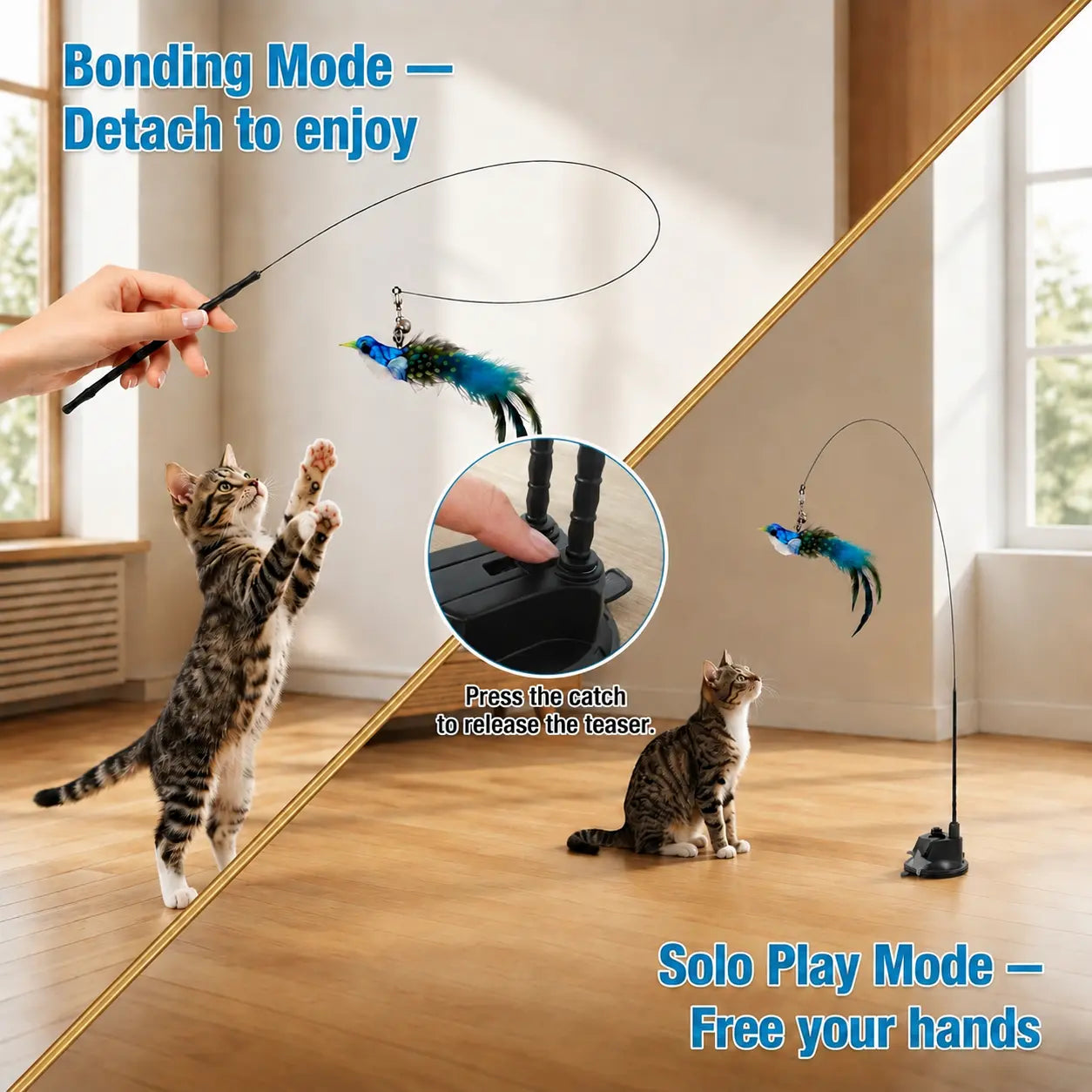 2-In-1 Interactive Cat Toy with Super Strong Suction Base, Dual Mode Hands-Free Wand & 4 Pack Colorful Feather Birds for Solo & Bonding Play