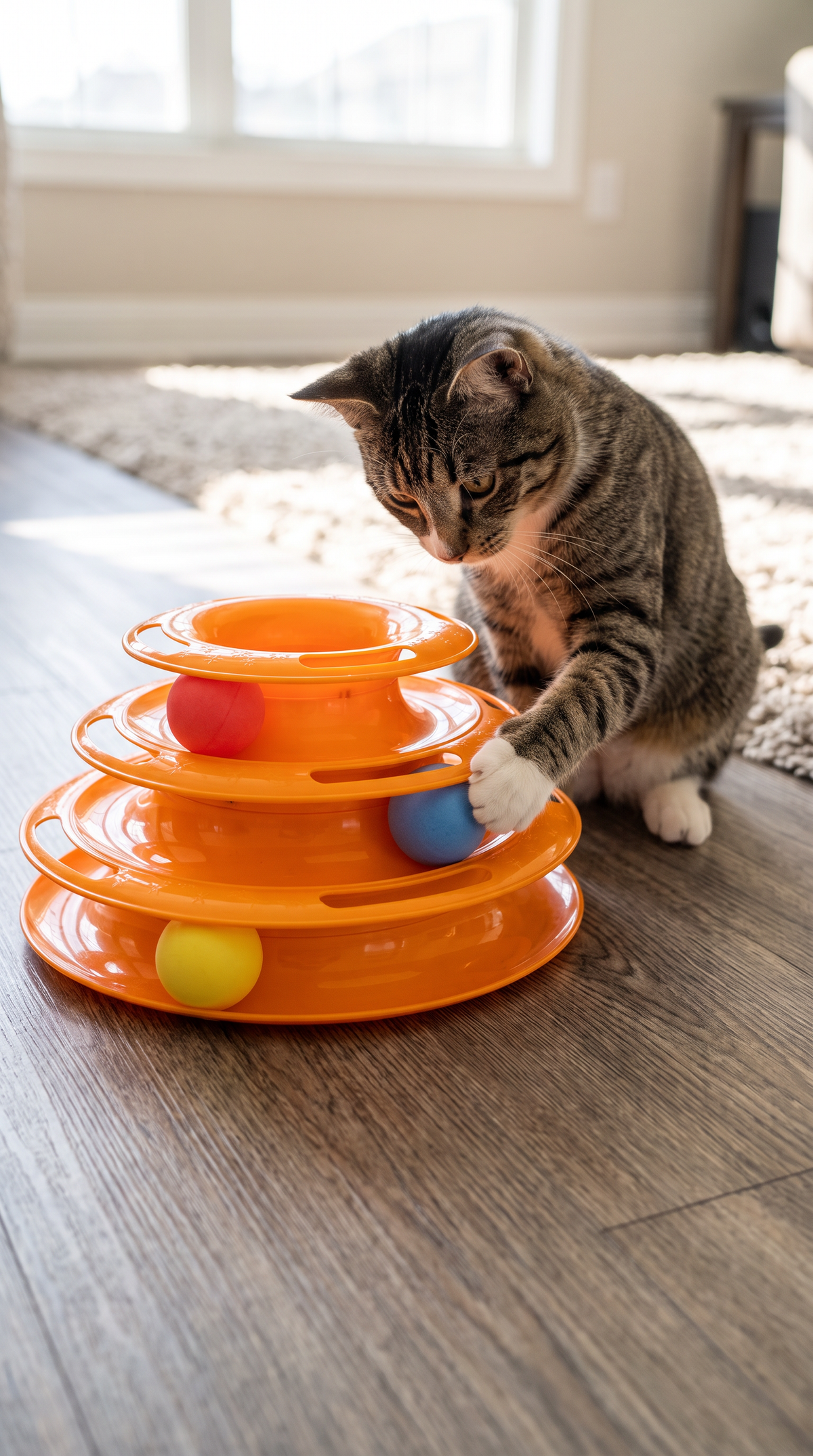 Üç seviyeli hareketli toplara sahip eğlenceli kedi oyuncağı
