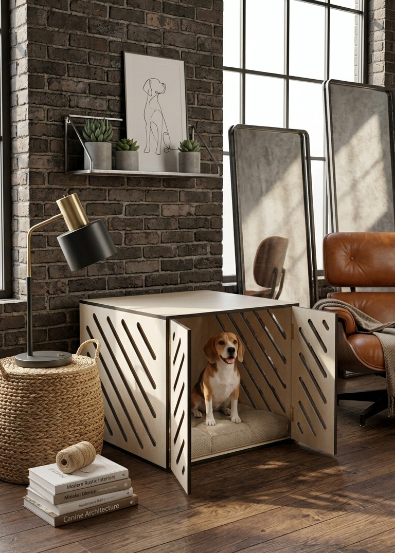 Kapılı tasarıma sahip modern ahşap köpek kulübesi