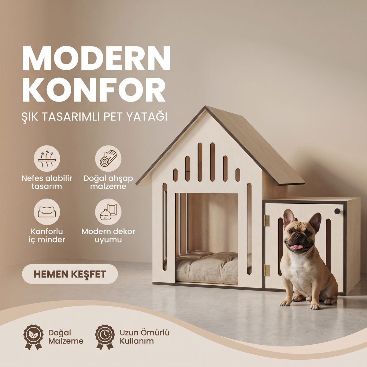 Köpekler için konforlu yatak alanına sahip ahşap kulübe