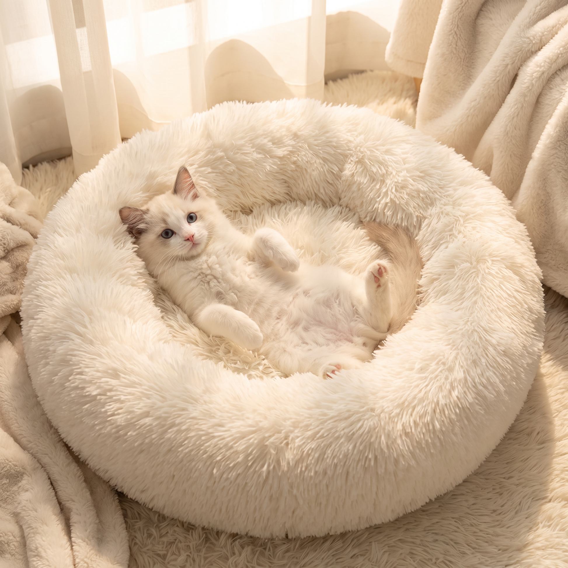 Kediler için yumuşak peluş yuvarlak kedi yatağı
