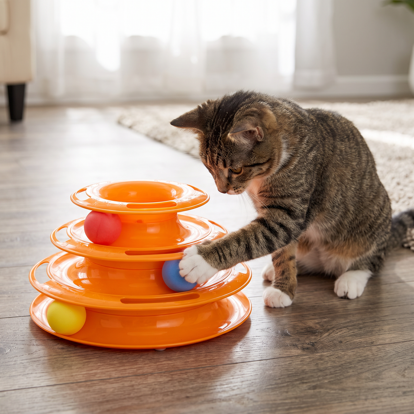Kedilerin patileriyle oynayabileceği hareketli toplu kedi oyuncağı