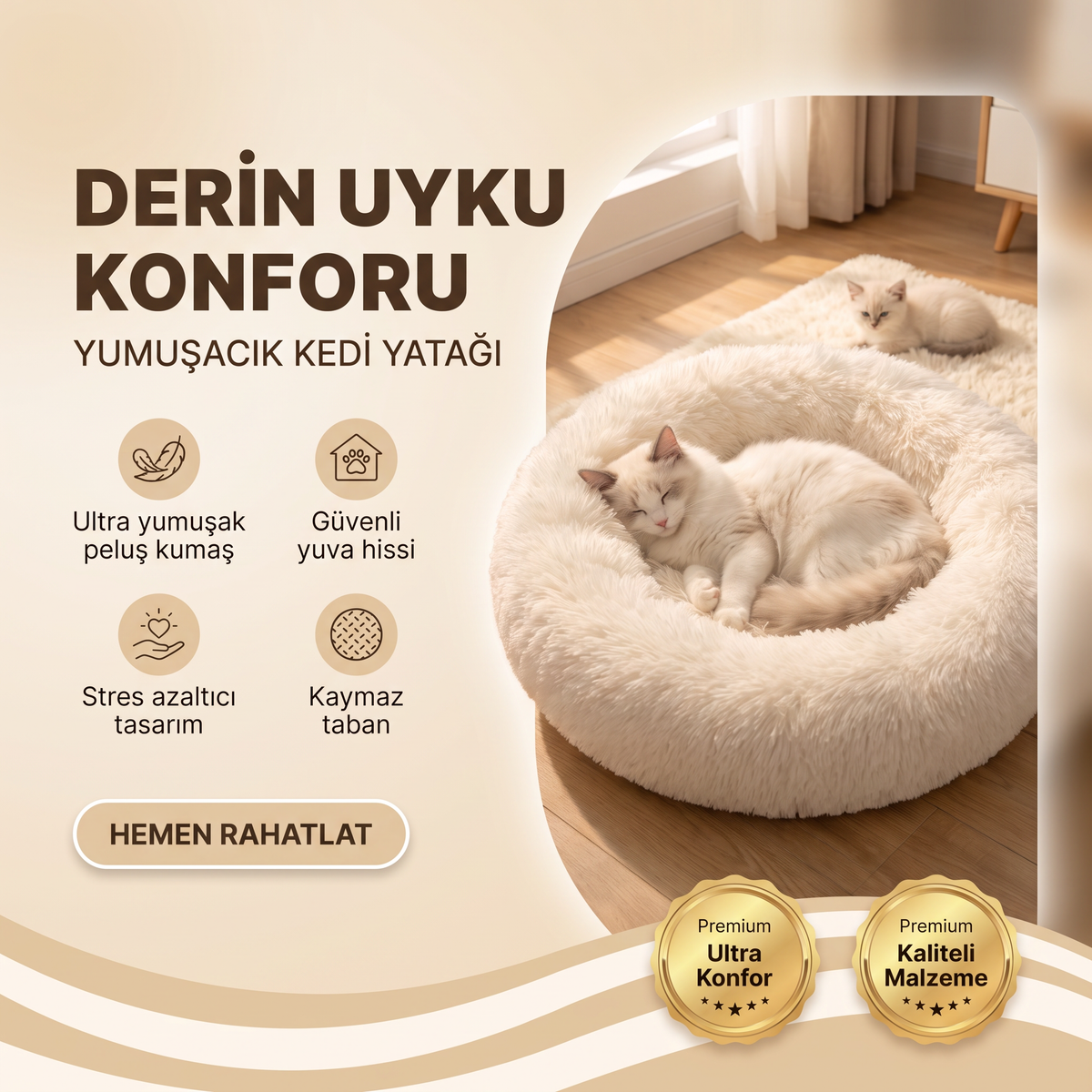 Konforlu ve yumuşak dokulu kedi uyku yatağı