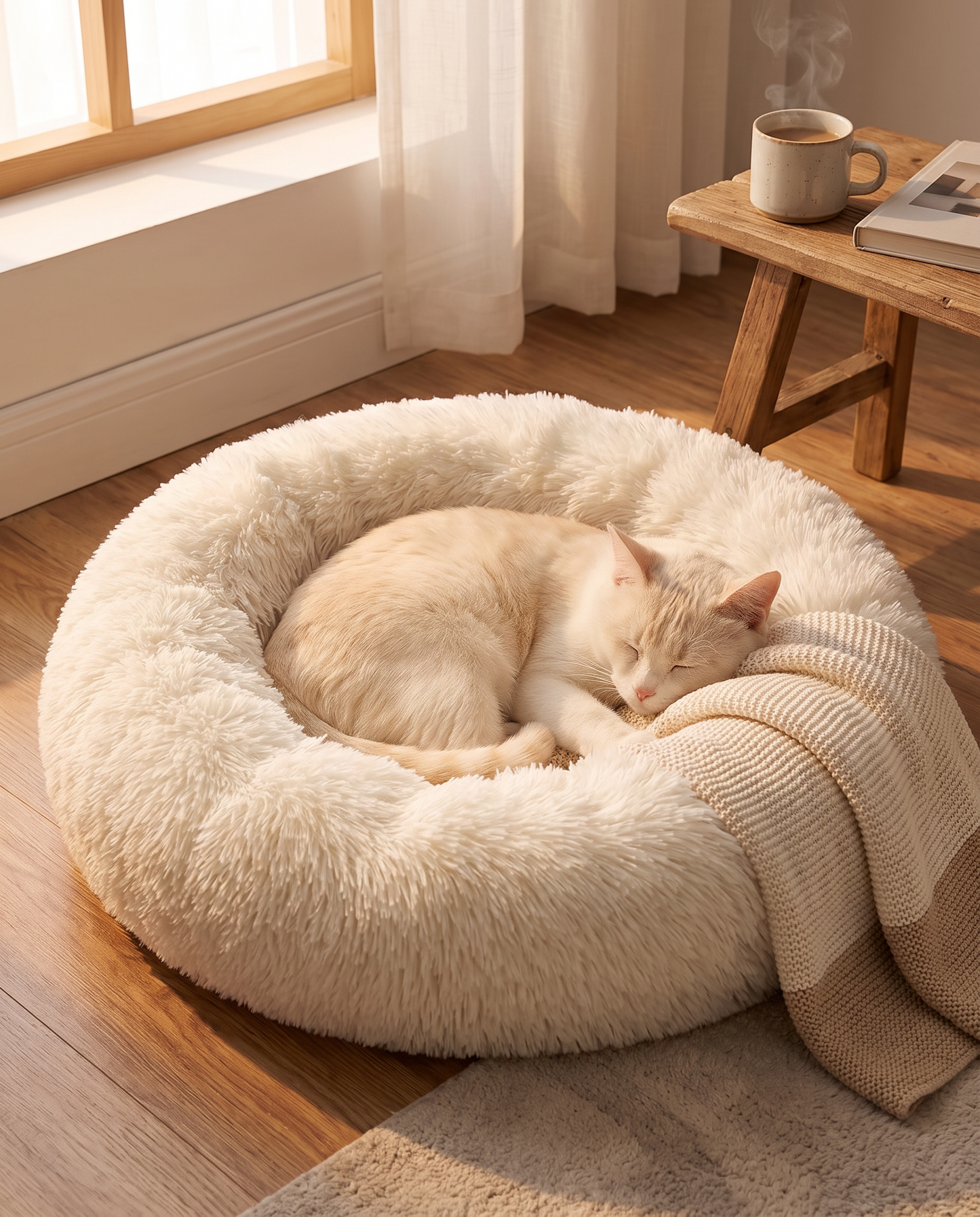 Kedilerin uyku ve dinlenmesi için yuvarlak peluş kedi yatağı