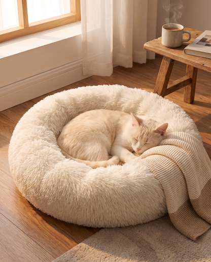 Kedilerin uyku ve dinlenmesi için yuvarlak peluş kedi yatağı